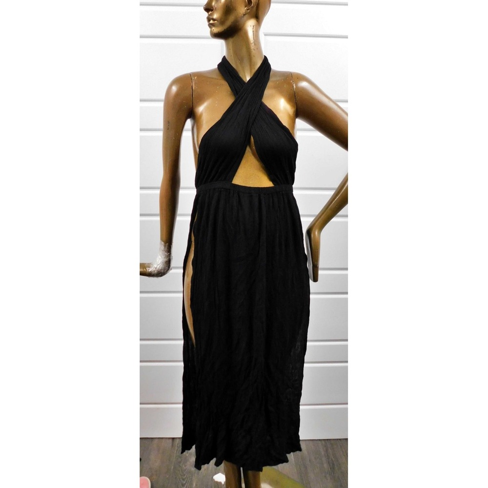 Afrodita Women's Black Halter‎ High Leg Slit Grecia Dress One Size